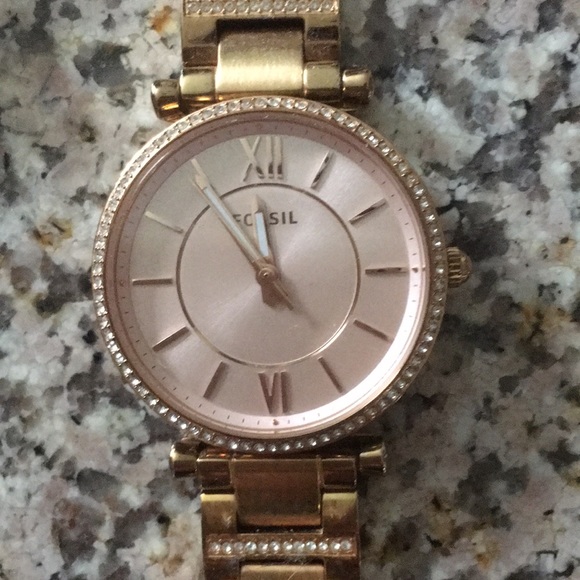 Fossil Pink Face Gold Link Rhinestone 